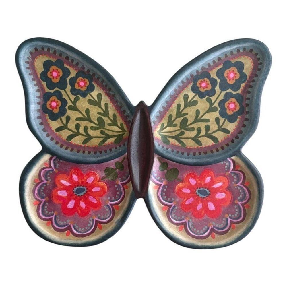 Natural Life Wooden Butterfly Tray Platter Colorful Hand Painted Flowers